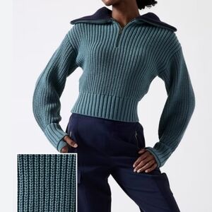 Athleta Alder Relaxed Fit OceanTeal Ribbed Chuncky Knit Sweater Zipped Colar XL